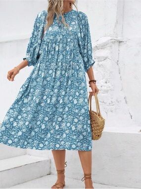 Blue Floral Midi Dress - Women's Casual Boho Dress